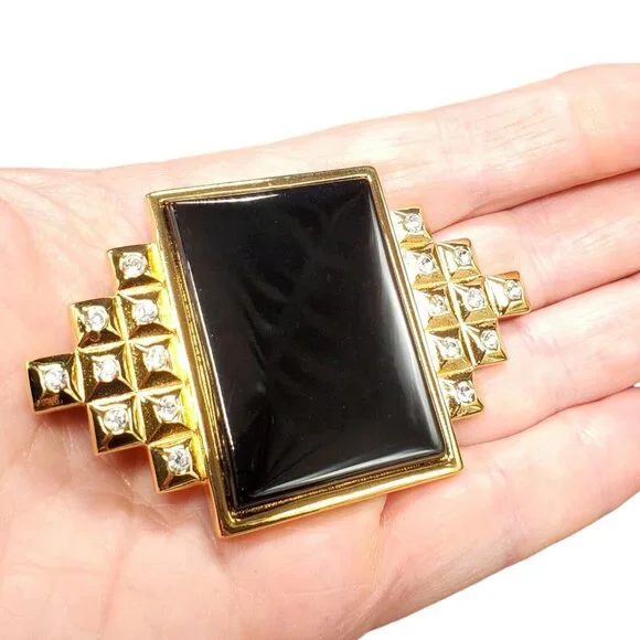 Vtg Signed SMB Art Deco Revival Brooch Sandra Miller Burrows Rhinestone Black - Picture 2 of 16